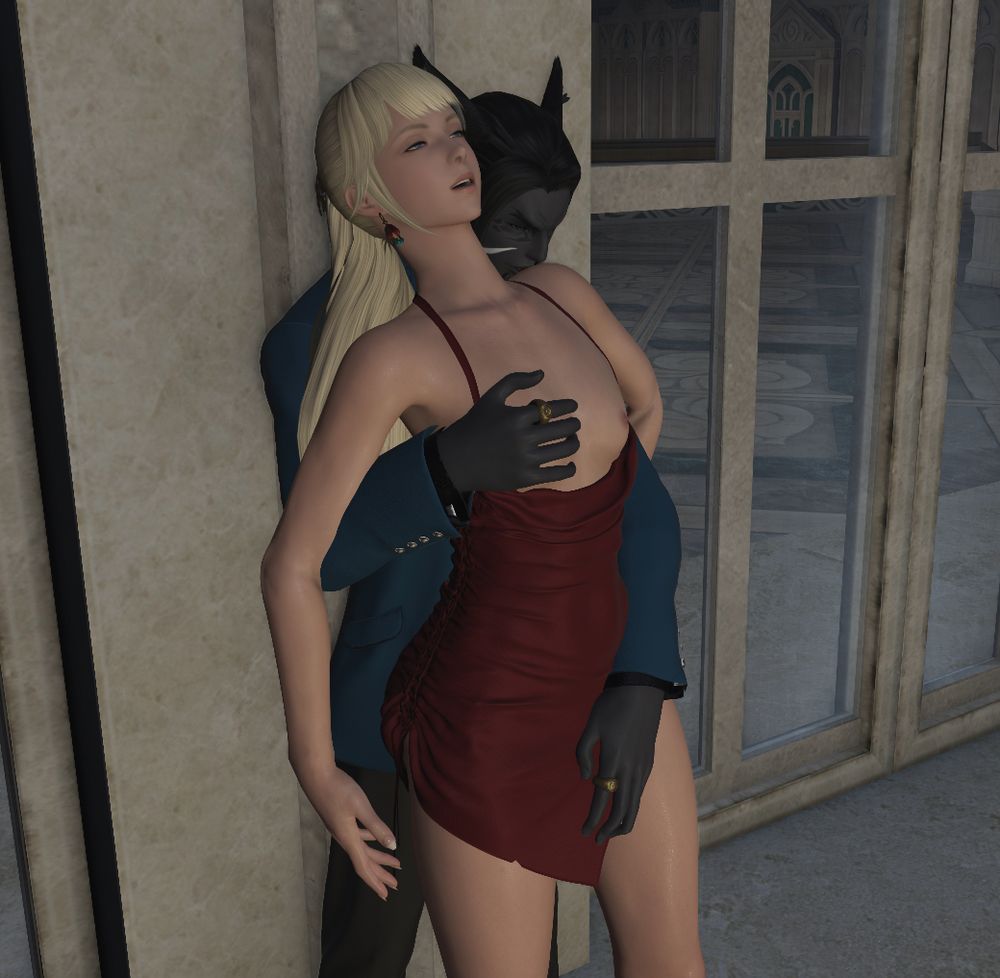 On the balcony of the Leveilleur estate, Lyse leans against Sev as he holds her tight to his chest. The top of her dress is down, and he's grabbing one of her breasts, while the other reaches down between her legs.