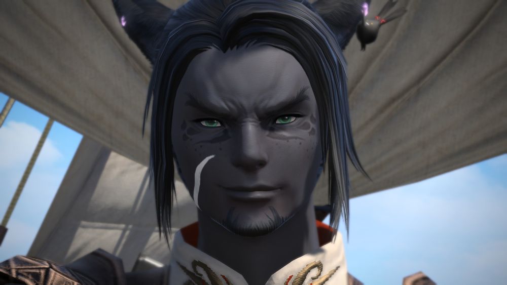 A closeup on Sev smirking and looking directly at you