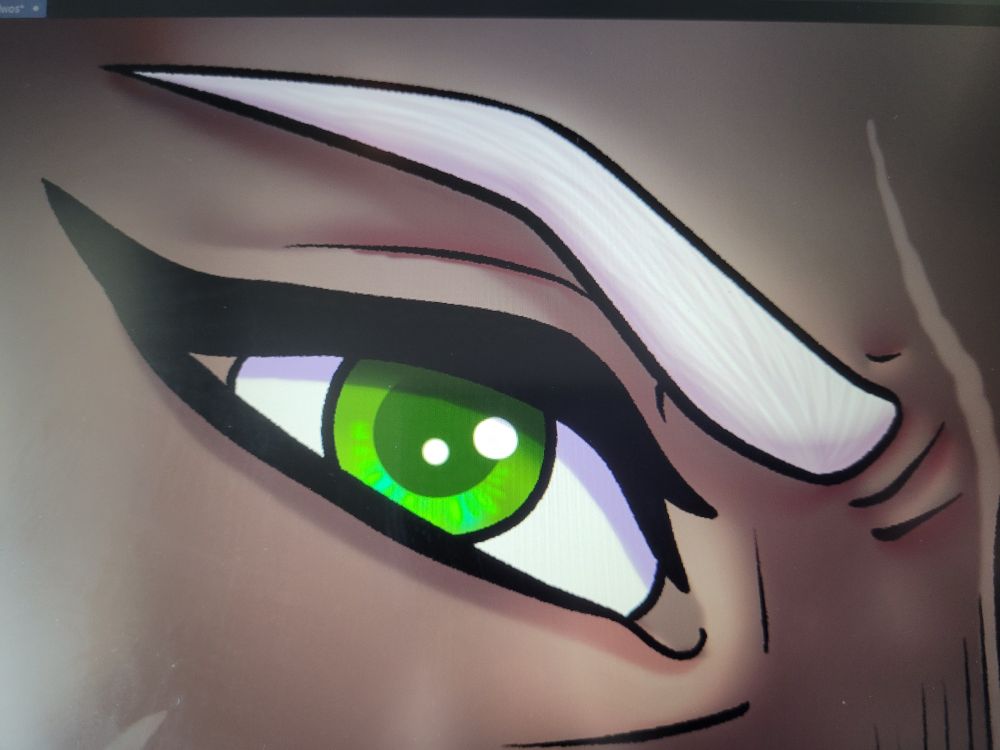 Image shows a digital drawing on a  canvas with a zoomed in snippet of a character's eye. 