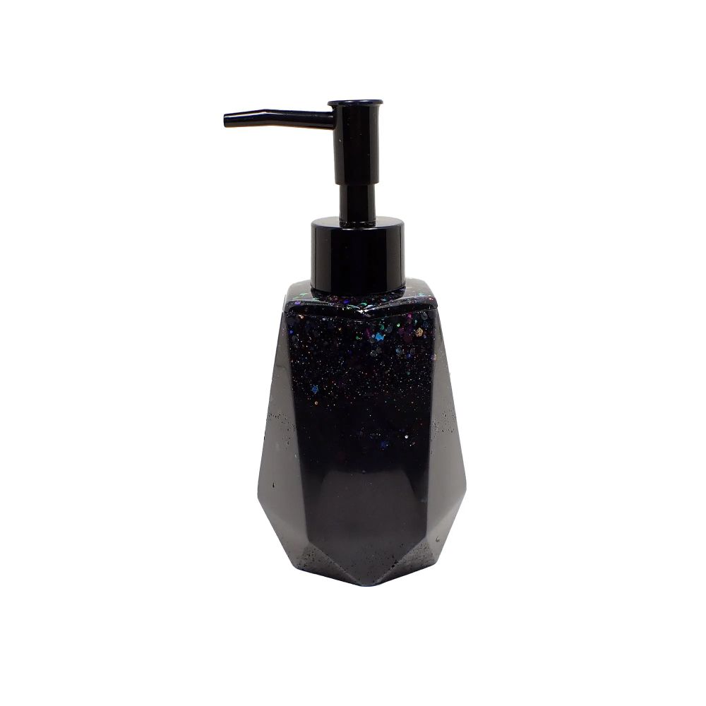 Image of a black resin faceted soap dispenser. The top is tapered and the bottom is flared. There is a black plastic pump on top. The resin is shiny and opaque black with chunky iridescent glitter on the top half of the dispenser.