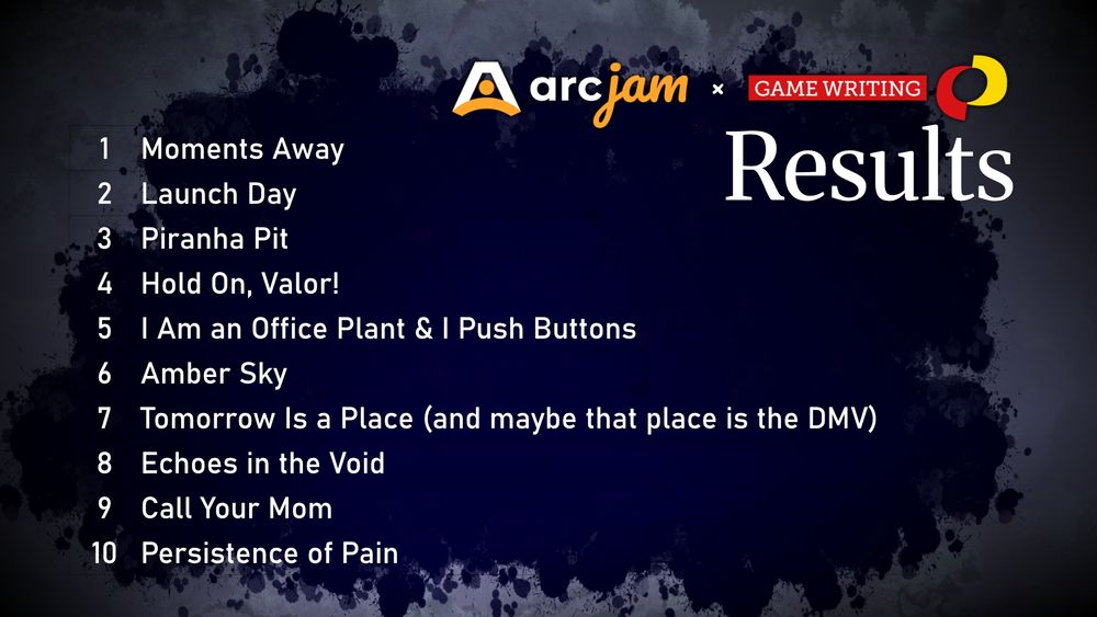 A simple graphic of a dark blue color splash at the background, with a list of the top 10 winning games of the jam superimposed, along with the Game Writing SIG Arcjam logo and the word "Results". The games: 1: Moments Away, 2: Launch Day, 3: Piranha Pit, 4: Hold On, Valor!, 5: I Am an Office Plant and I Push Buttons, 6: Amber Sky, 7: Tomorrow Is a Place, 8: Echoes in the Void, 9: Call Your Mom, and 10: Persistence of Pain.