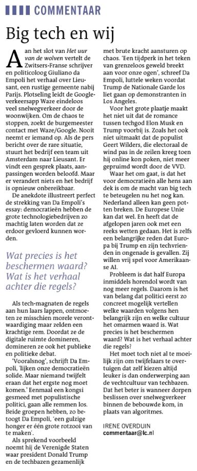 Lieusant, oud verhaal uit 2018 Irene Overduin. Recent voorbeeld dichtbij: Sneek autoluw. Waze is geen bedrijf,  geen chef in Amsterdam, wel van Google, maar net zo vrij als de LC-redactie t.o.v. Mediahuis. Waze is mondiaal één technisch systeem waar vrijwilligers, burgers als jij en ik, op basis van lokale kennis het wegennet invullen.

Ook in Sneek namen de Fryske Wazers uiteraard de werkelijke situatie over. Helemaal volgens de regels en de borden die je als verkeersdeelnemer móet volgen. Dus niet volgens de ideeën van een wethouder die dat met onjuiste teksten op gele bordjes en een fout verhaal in de raad en de media probeerde te regelen. Als dan blijkt dat water niet omhoog stroomt moest Lieusant, net als Sneek, de infrastructuur even correct invullen, waarop Waze, exact van dag-tot-dag, de werkelijkheid volgde, de algoritmes🤔 met de juiste info gevoed werden (want zo werkt dat) en het probleem opgelost was.