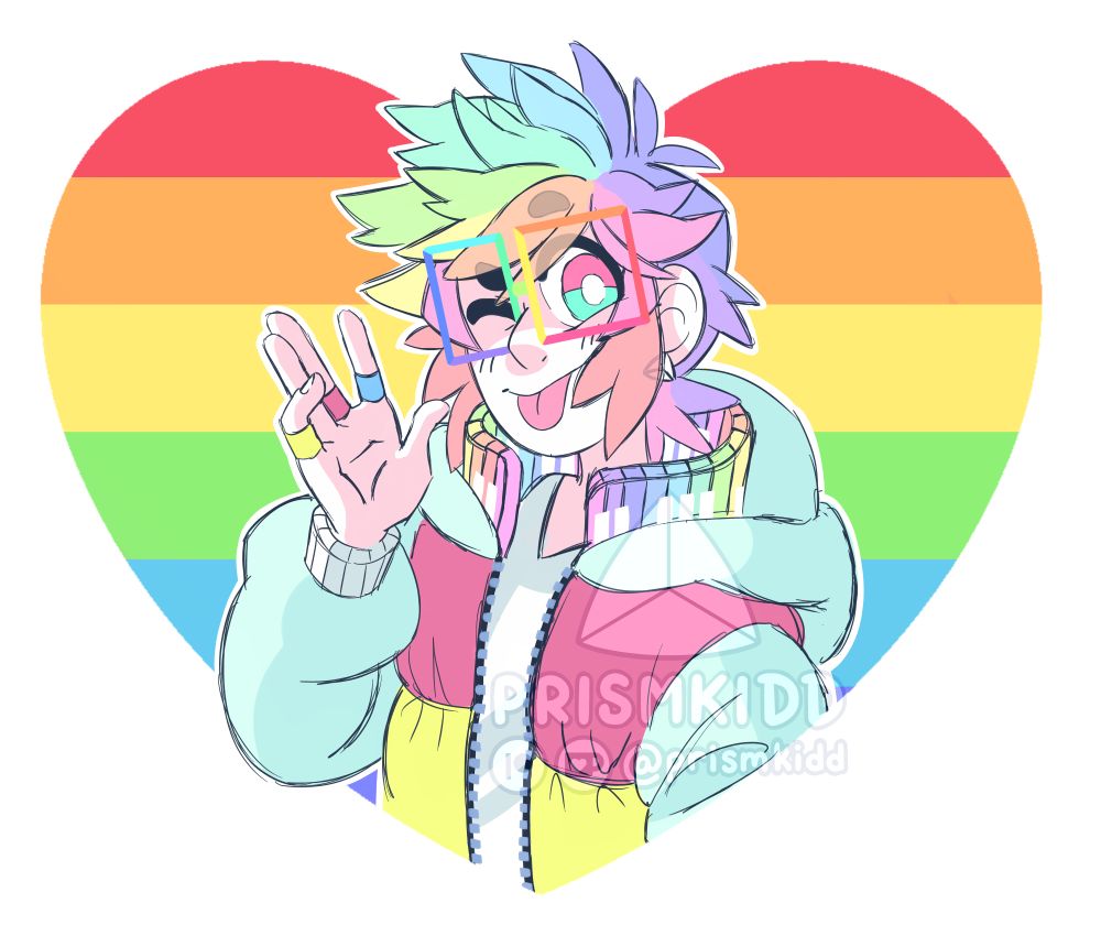 prismkidd's utauloid, prismoid, a colorful young adult with rainbow hair and glasses. they're giving the camera a friendly wave and a playful expression. the background is a rainbow flag heart, for pride month.