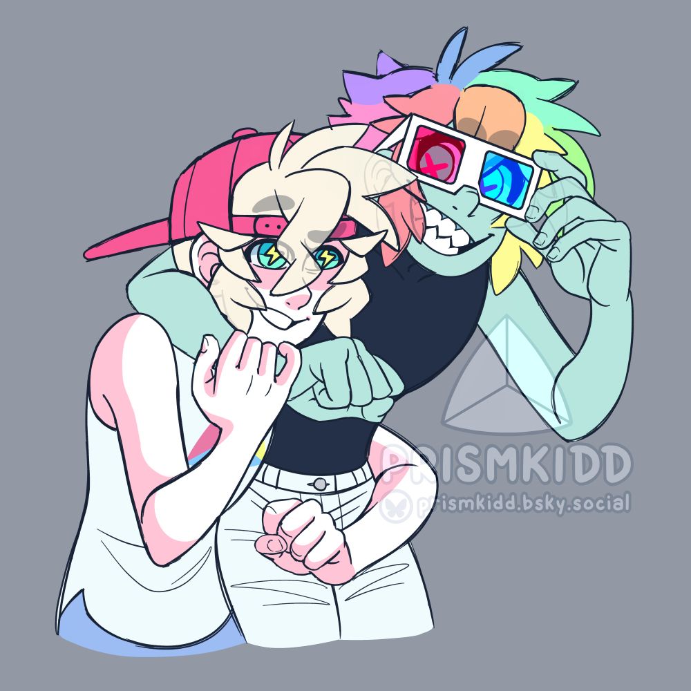 prismkidd's original characters shockatee (left) and bitless (right) in a mid-rough housing kind of pose. bitless has stolen shockatee's glasses and has their arm around shockatee's neck. shockatee has picked bitless up with his arm around their waist. the both of them are smiling playfully at each other.
