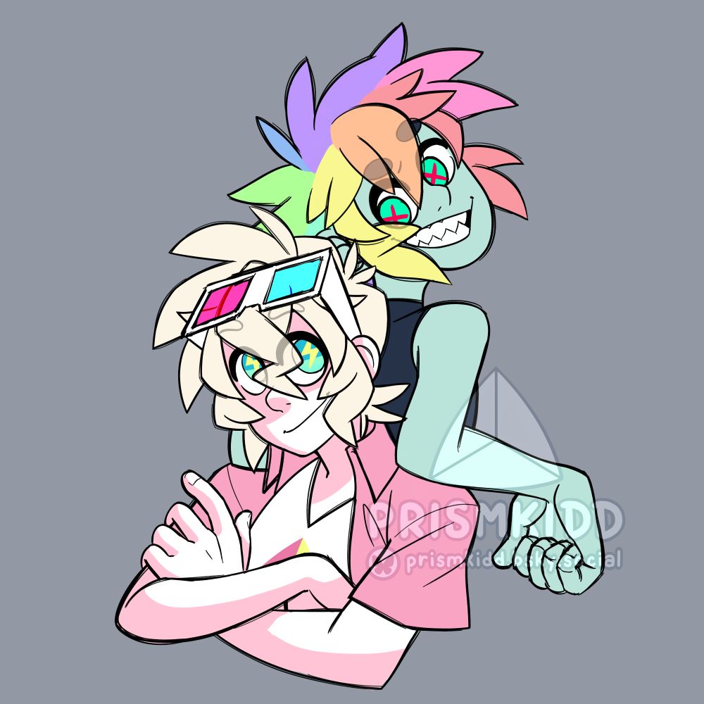 prismkidd's original character bitless (top right) and shockatee (bottom left). they're posed back to back with bitless resting his elbows on shockatee's shoulders. they're smiling at each other.