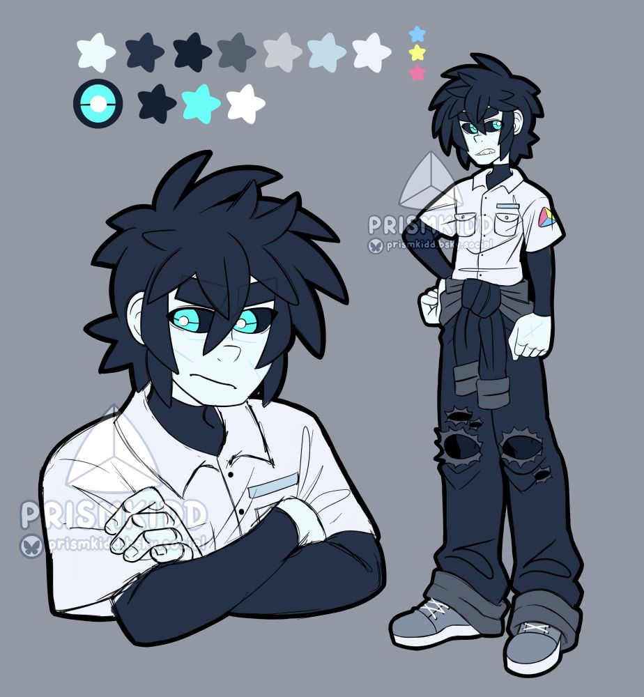 a reference sheet of prismkidd's original character, faultor.