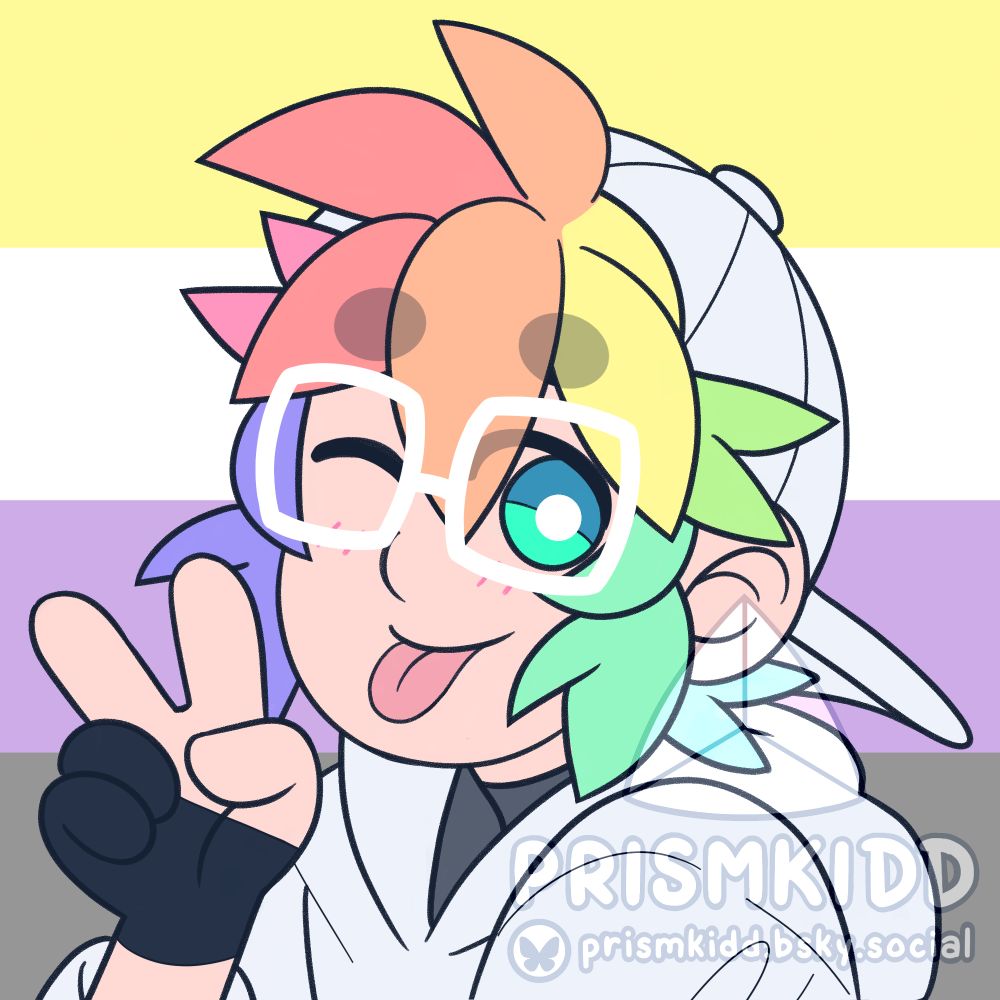 same image as the first slide, with a nonbinary flag background.