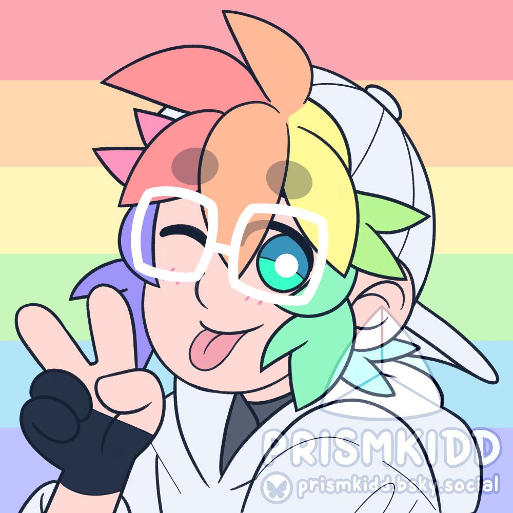 a stylized profile picture illustration of prismkidd's online persona/avatar with a rainbow background.