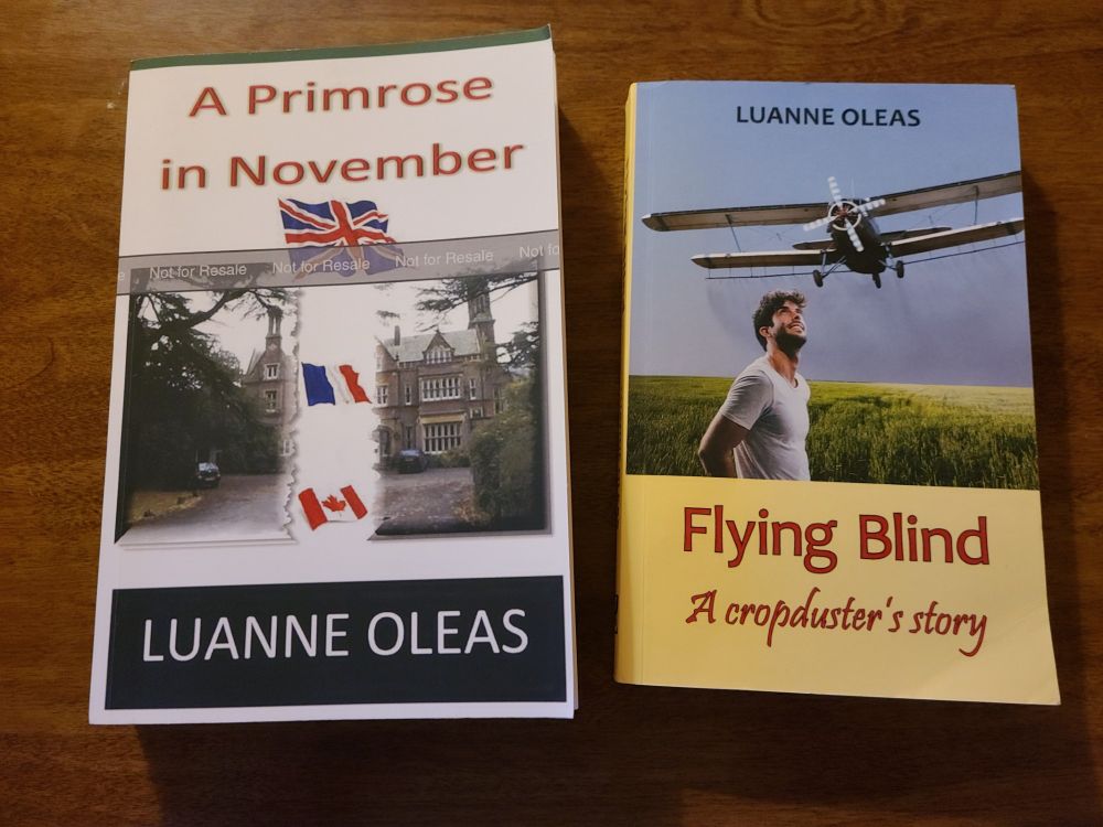Two book covers: A PRIMROSE IN NOVEMBER and FLYING BLIND, A CROPDUSTER'S STORY