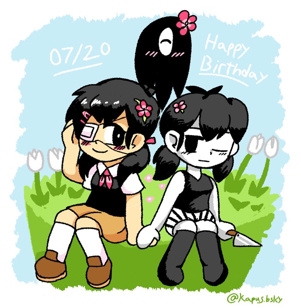 Sunny and Omori (Fem) sitting on an abstract, grassy platform and calmly holding hands. Something hovers behind them, smiling. All 3 of them wear little flowers in their hair.