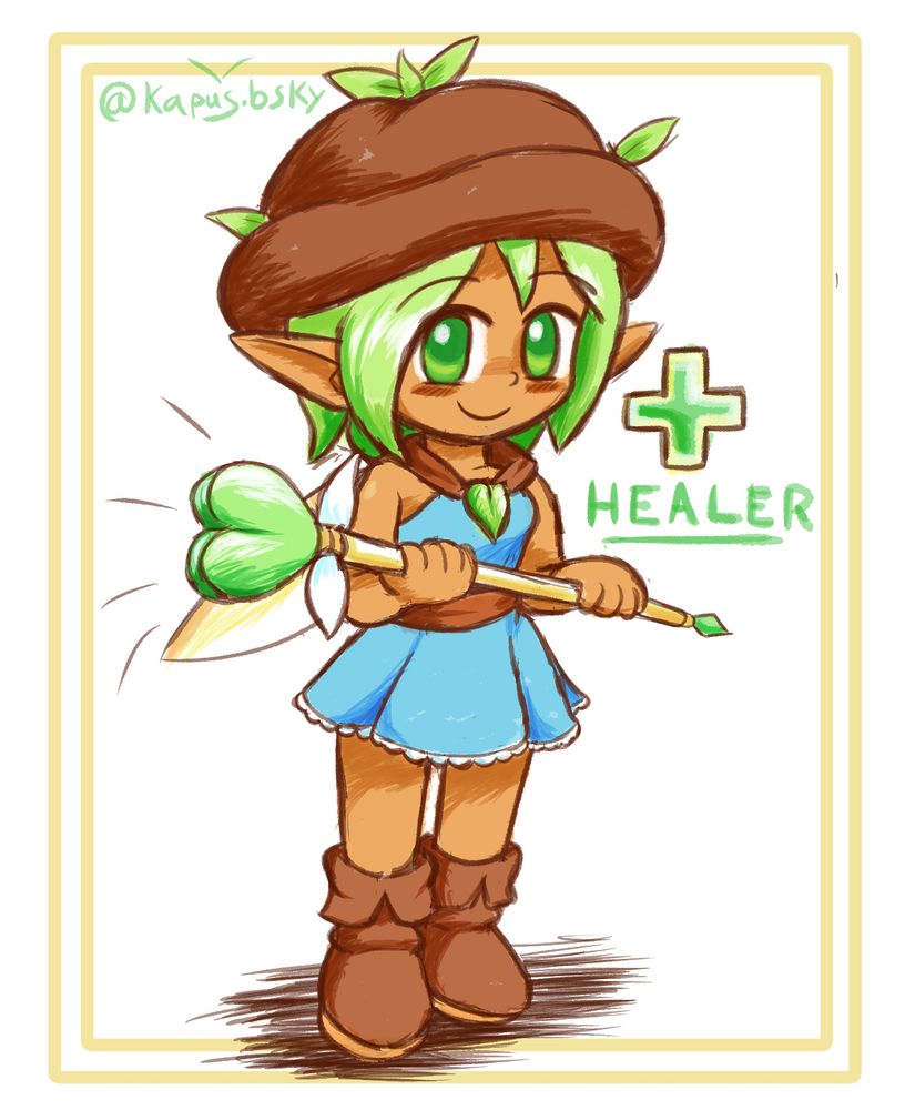 Colored sketch of Kapus holding a green, heart-shaped magic wand. Next to them is a green cross and the word "HEALER".

They will help you whenever you take damage!