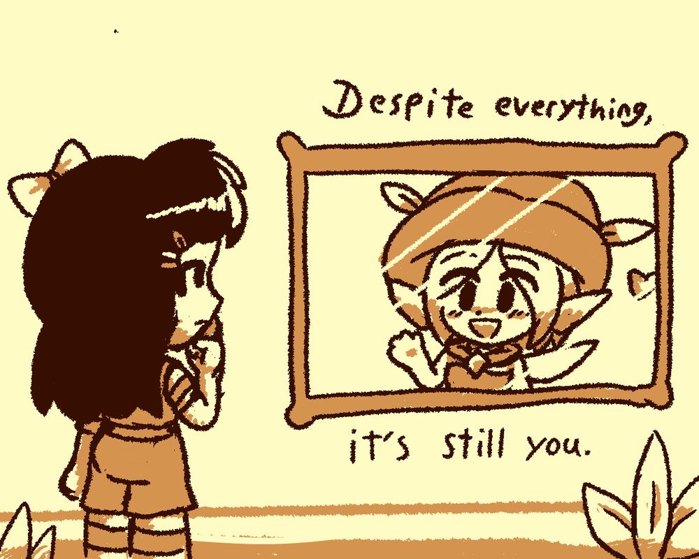 Monochrome doodle. A cartoonish interpretation of my real life self stands inquisitively in front of a mirror. In the reflection is Kapus, smiling and waving happily. Text on the image reads "Despite everything, it's still you."