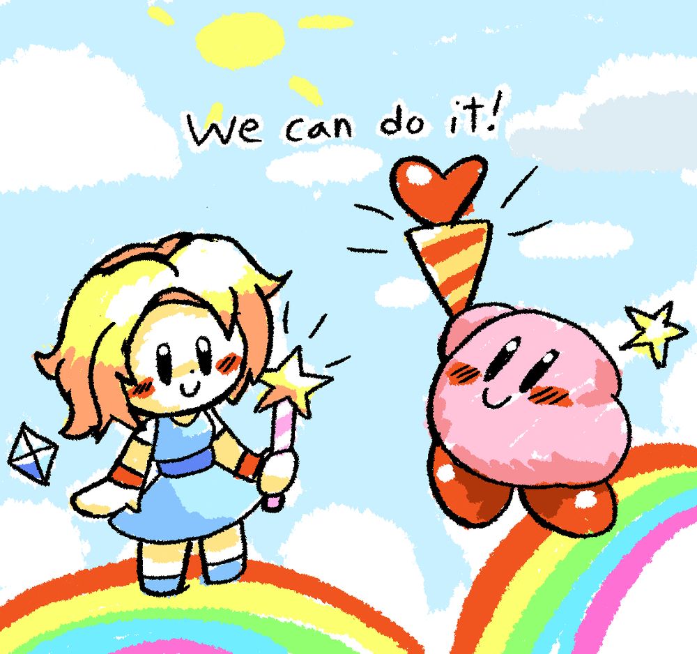 Kirby and Giana standing atop rainbows. Kirby holds the Love Love Stick in the air and Giana holds the Star Rod. They are both dreamers :)