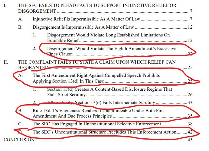table of contents: he's claiming the relief sought violates the 8th amendment and section 13d reporting violates the 1st and 14th amendments, and the sec itself is unconstitutional