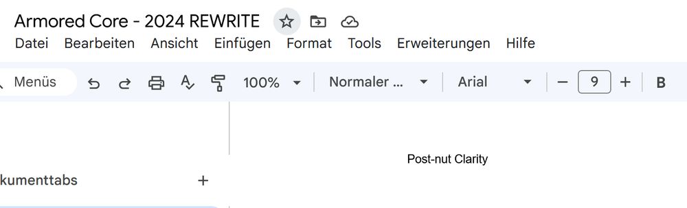 Ein Text namens "Armored Core 2024 REWRITE" beginnt mit den Worten "Post-nut Clarity"