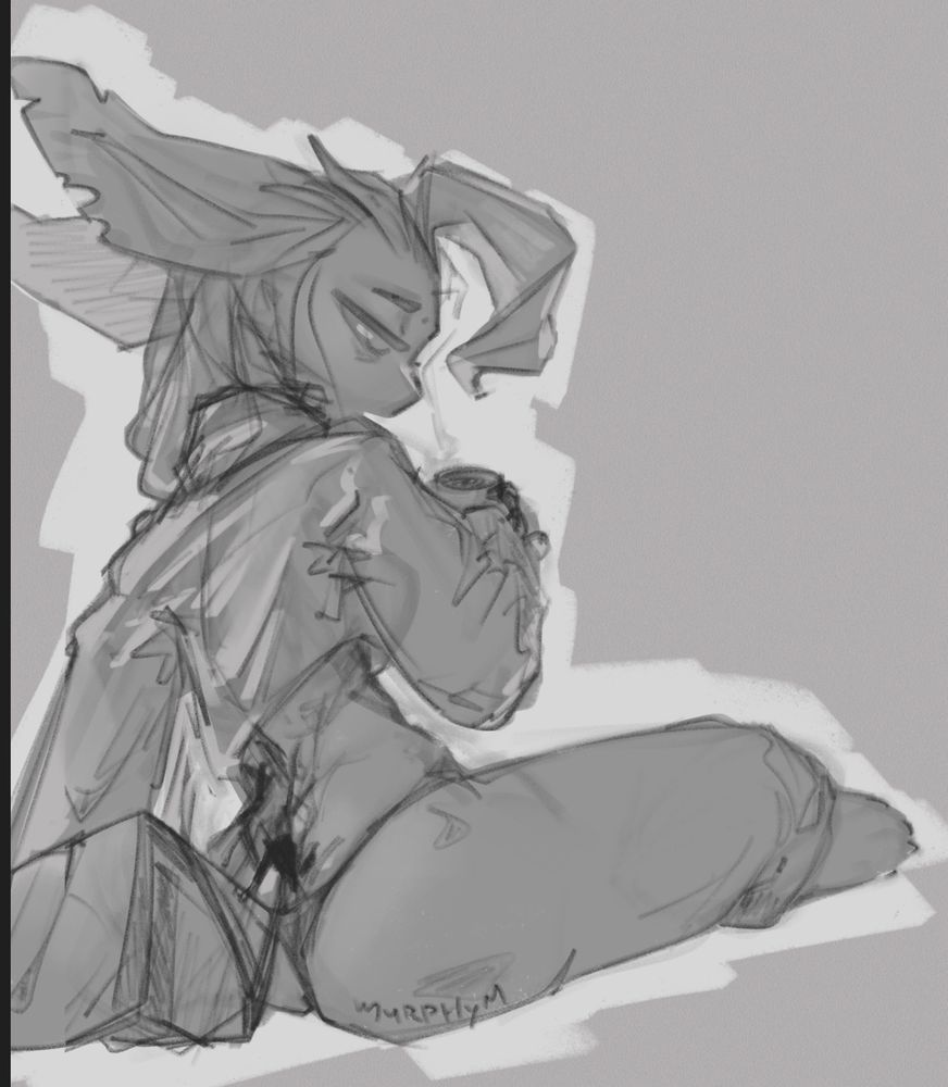 leafeon furry greyscale sketch holding a mug wearing a croptop jacket and underwear