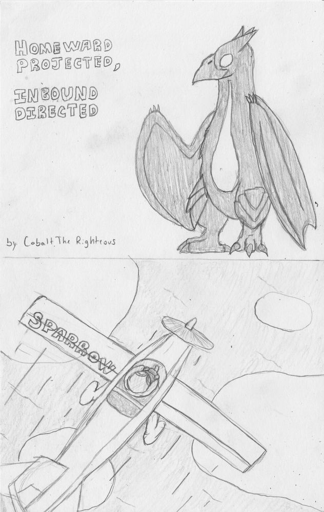 Panels 1 and 2. Panel 1 features the title, with a silhoutted Rodan, with the center of his body highlighted. Panel 2 features a person flying a prop-plane called "Sparrow" over the clouds and ocean, from a top-down perspective.