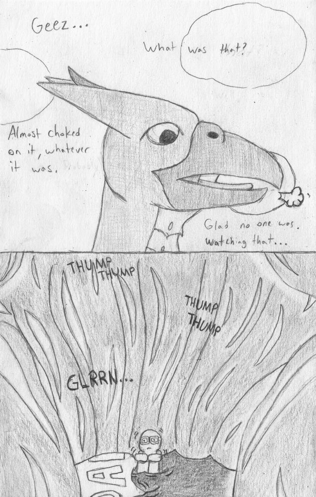 Panel 13 and 14. Panel 13 has Rodan sighing after this choking incident, with him saying: “Geez…What was that? Almost choked on it, whatever it was. Glad no one was watching that…”. Panel 14 shows the inside of Rodan’s stomach, with glowy marks on the flesh, the pilot shivering at the base of the stomach, as well as the parachute, the sounds of the kaiju’s heart audible alongside gurgling.