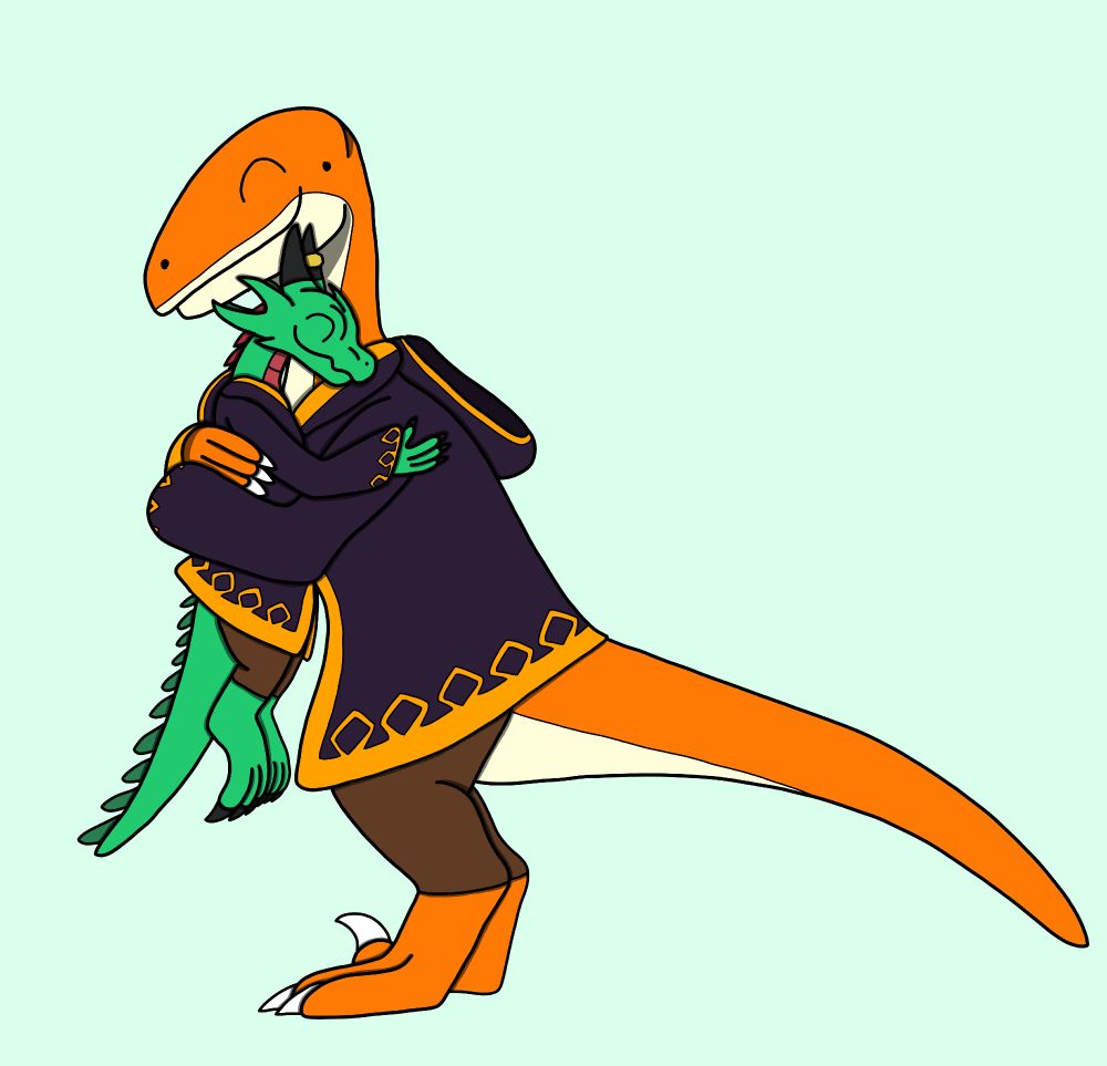 Sol the Troodon, wearing his mage robes, hugs Elfa the Kobold, also in her robes