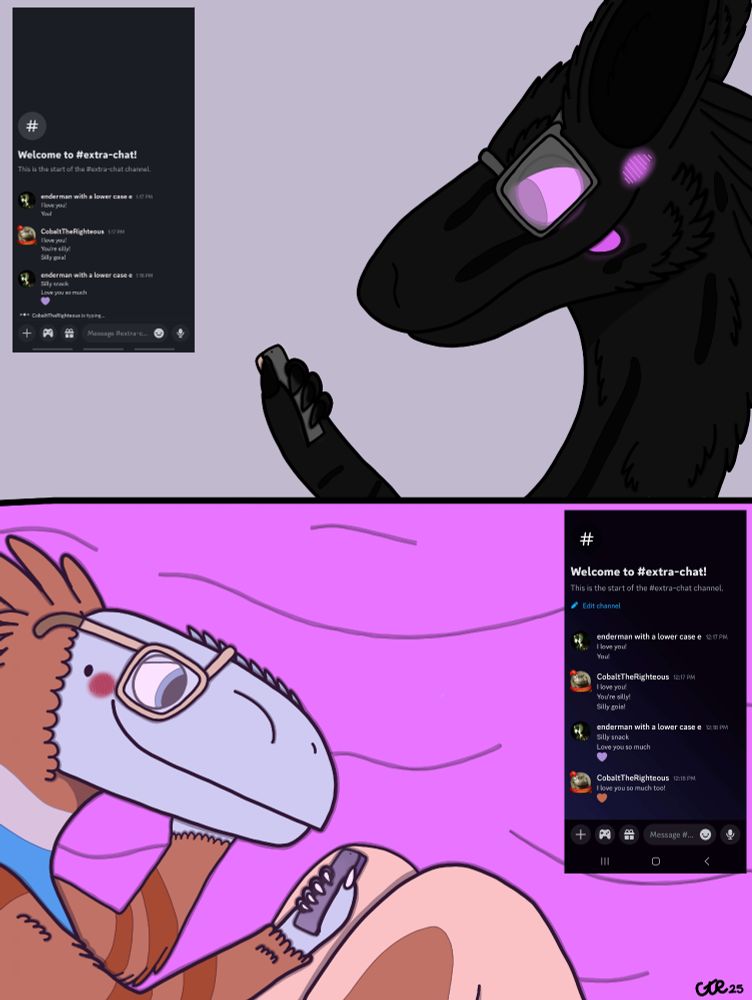 Two-panel comic; top panel features Ender Zorgoia, licking his lips, holding his phone, with an image of his phone screen showing Alex and Ender chatting. Second panel shows Alex within Endergoia's tummy, also looking at his phone, showing his screen. Both are blushing. The phone convo starts with Ender: "I love you! You!", followed by Alex: "I love you! That's silly! Silly goia!". followed by Ender: "Silly snack, Love you so much" followed by a purple heart, followed by Alex: "I love you so much too!" followed by a brown heart.