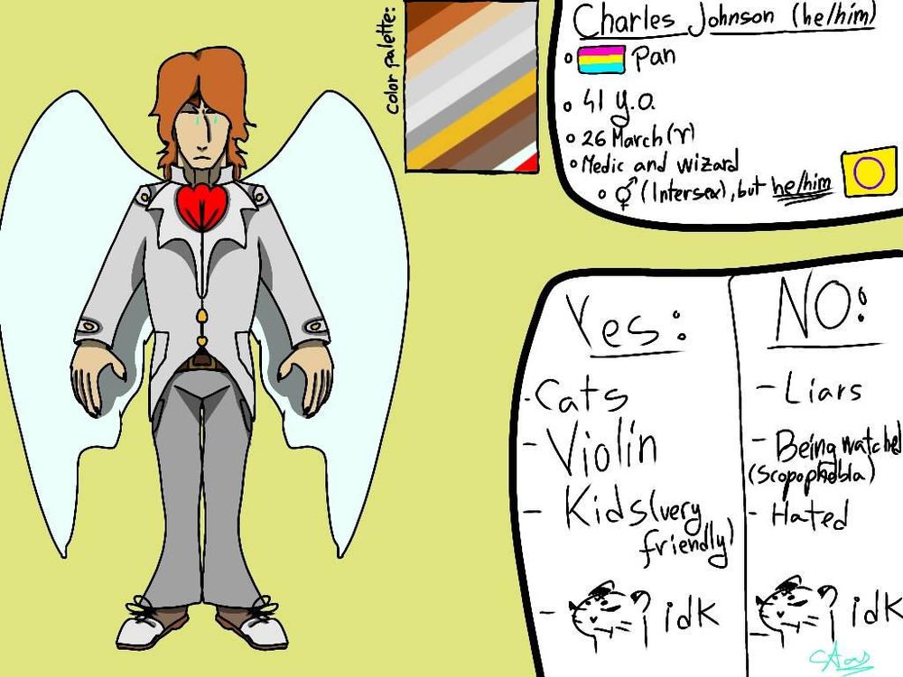 Charles Johnson is a 42 y.o. neuropsychiatrist doctor and wizard in South of Dridall, an imaginary country. He is diagnosticated with epileptorium and schizopeptidra after fights with Dragon Star and other infected dragons, who owns the epileptorium power, that in future became a plague because of the dragons. He is pansexual, loves everybody, and also he is Intersex and goes with he/him. Charles is scopophobic because of his trauma. He was sexually abused by his father, and other kids hated him because of the wings and everyone watches at him like they wanted something bad.
He has company, a Siamese cat, named Ra, and his friends, Hasumi, Abram, Jonah, and his lovers, Handel and Serena.