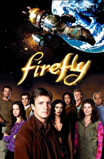 TV Show: Firefly, starring Nathan Fillion

(A group of 9 people stand in the foreground, with the Earth in the upper-right corner and a futuristic spaceship across the top. The word "firefly" is written in a yellowy-gold flowy font.)