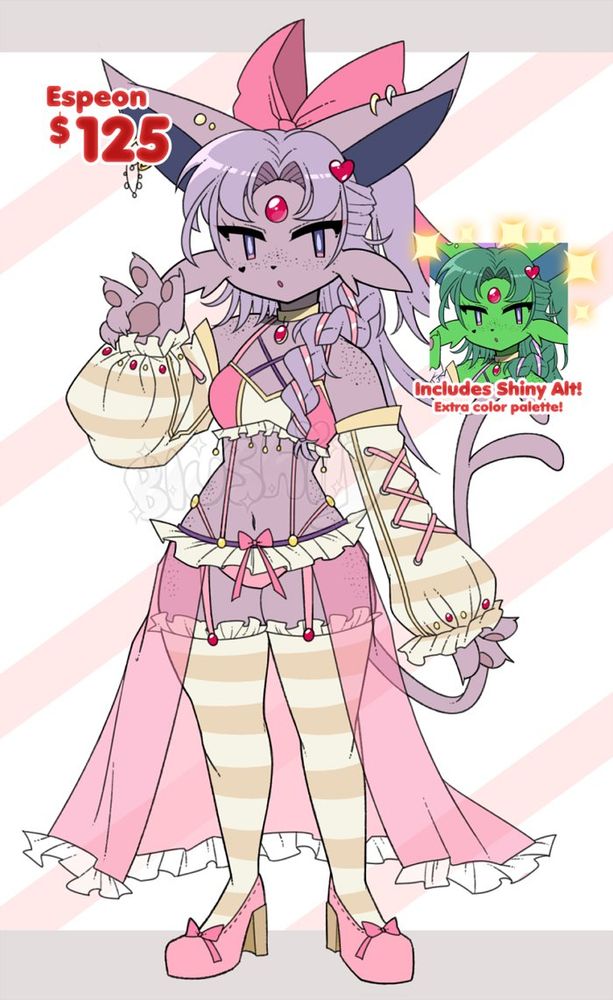 An Anthro Pokemon Adoptable Design created by Blushily. The character shown is based off Espeon respectively.