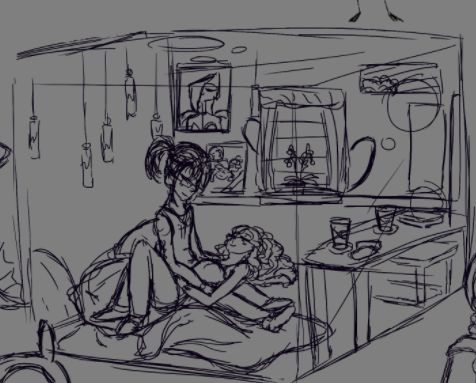 A man with a ponytail and a woman with curly hair rest together in a bedroom, the woman laying on the man's lap as they trade looks. Tables occupy two sides of the room, one of them featuring a portrait of Eve from NSR above.