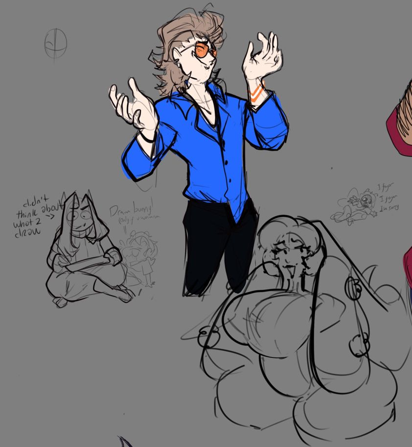 A collection of sketches by Val. One features him sitting down, tablet in hand with an uncertain look on his face, unsure of what to draw next. There's a sketch of a busty, bottom heavy clown character (They/Them) with oversized sleeves and a hat with huge tails, smiling at the camera. Lastly is a colored sketch of new character, Johnny, doing his best cool guy pose with an unintentionally sly grin.