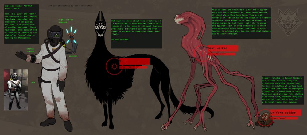 A reference sheet showing a Lethal Company OC made of several creatures in a suit.