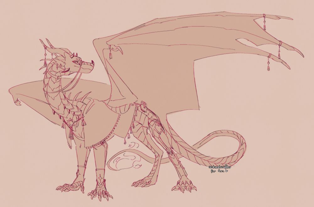 a sketch of a dragon adorned with robes, jewellery and belts