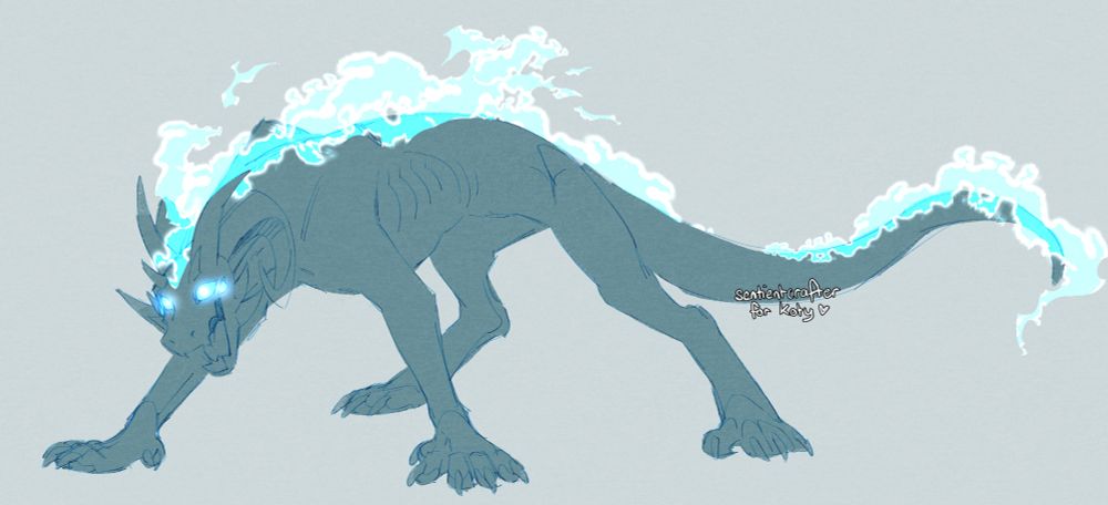 a sketch of a beast with blue flames on its body