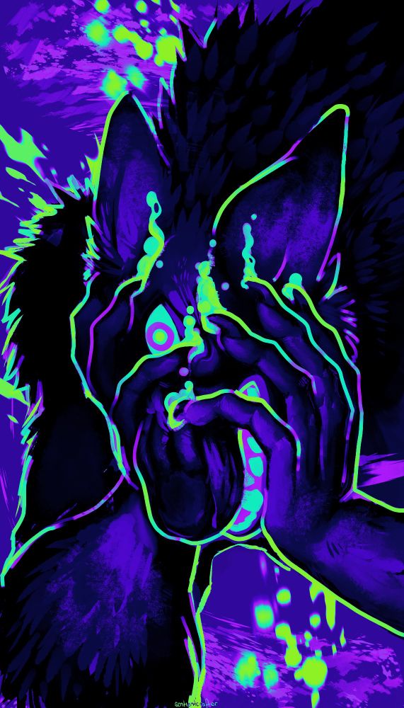 A painting of a werewolf digging its claws into its own flesh. Has black, purples and greens as the palette.