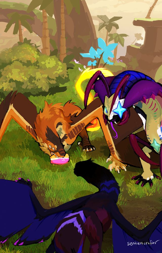 a rough painting of 3 creatures from a video game in a grassy overlook