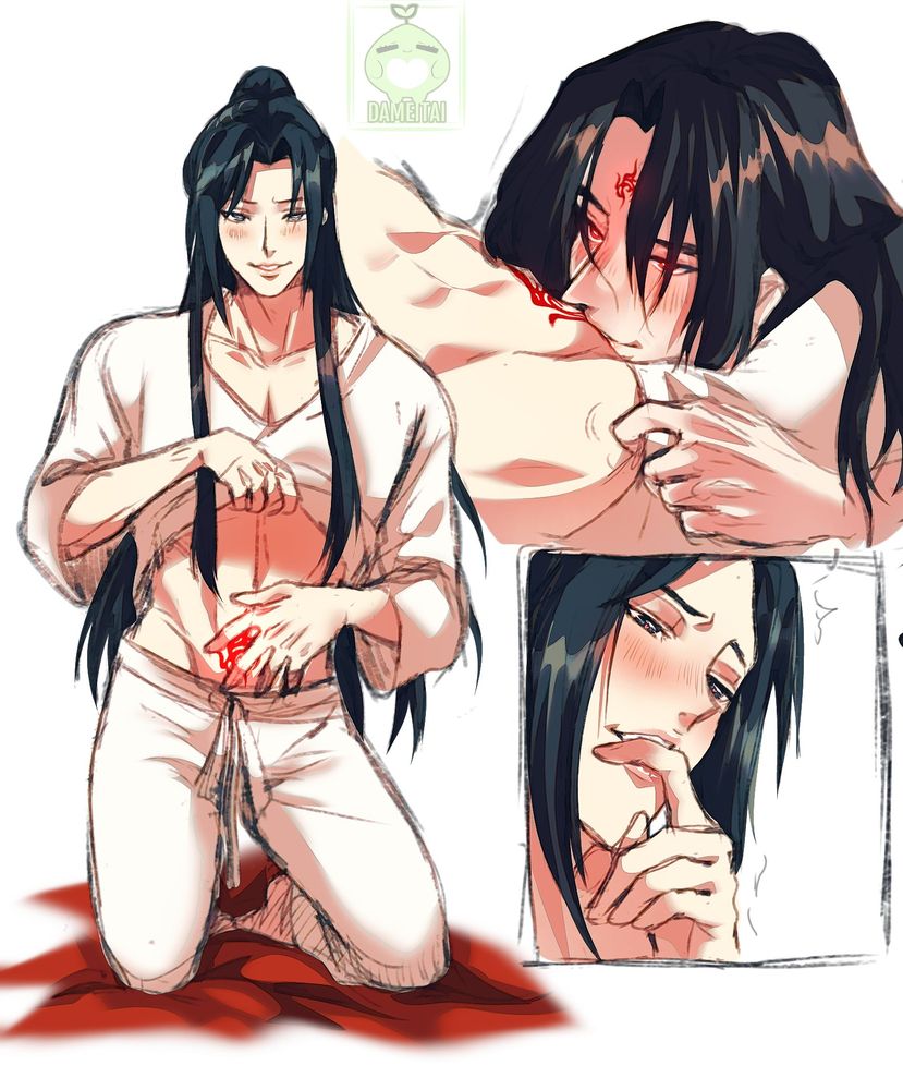 NSFW Fanart of Shen Qingqiu and Luo Binghe from the webnovel series Scum Villain's Self-Saving System. 

First Panel: Shen Qingqiu caressed a glowing tattoo on his lower abdomen that looks like the demon mark on Luo Binghe's forehead. It's seen that Shen Qingqiu looks affected by the effects the tattoo has on him since it increases his libido.
Second Panel: Luo Binghe is kissing from Shen Qingqiu's abdomen where the tattoo is located while looking back up to him with a heated gaze.
Third Panel: Shen Qingqiu looks down at Luo Binghe with an equally heated gaze, watching intently with a sultry smile while biting one of his index fingers. Clearly he's turned on.