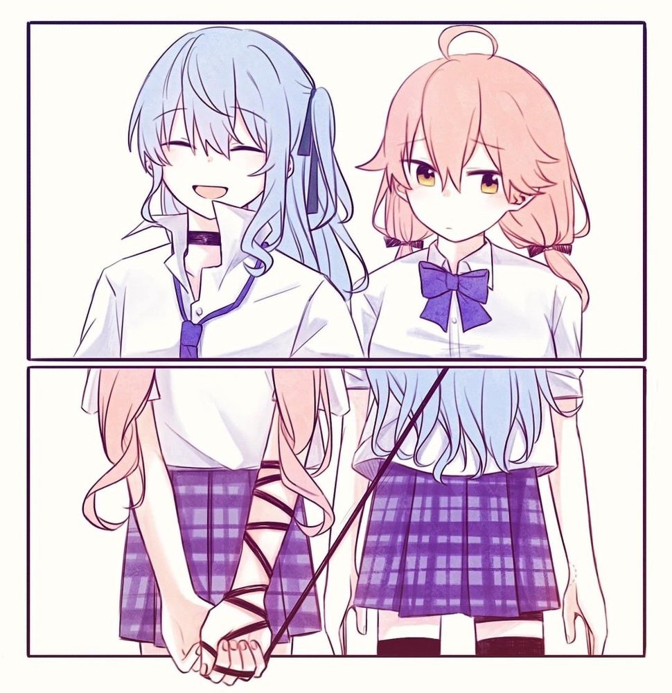 2 panel image of two girls, first image is blue hair girl smiling and orange hair girl looking timid.
second panel reveals the blue hair girls leash being wrapped tightly around oranges’ arm and wrist 
