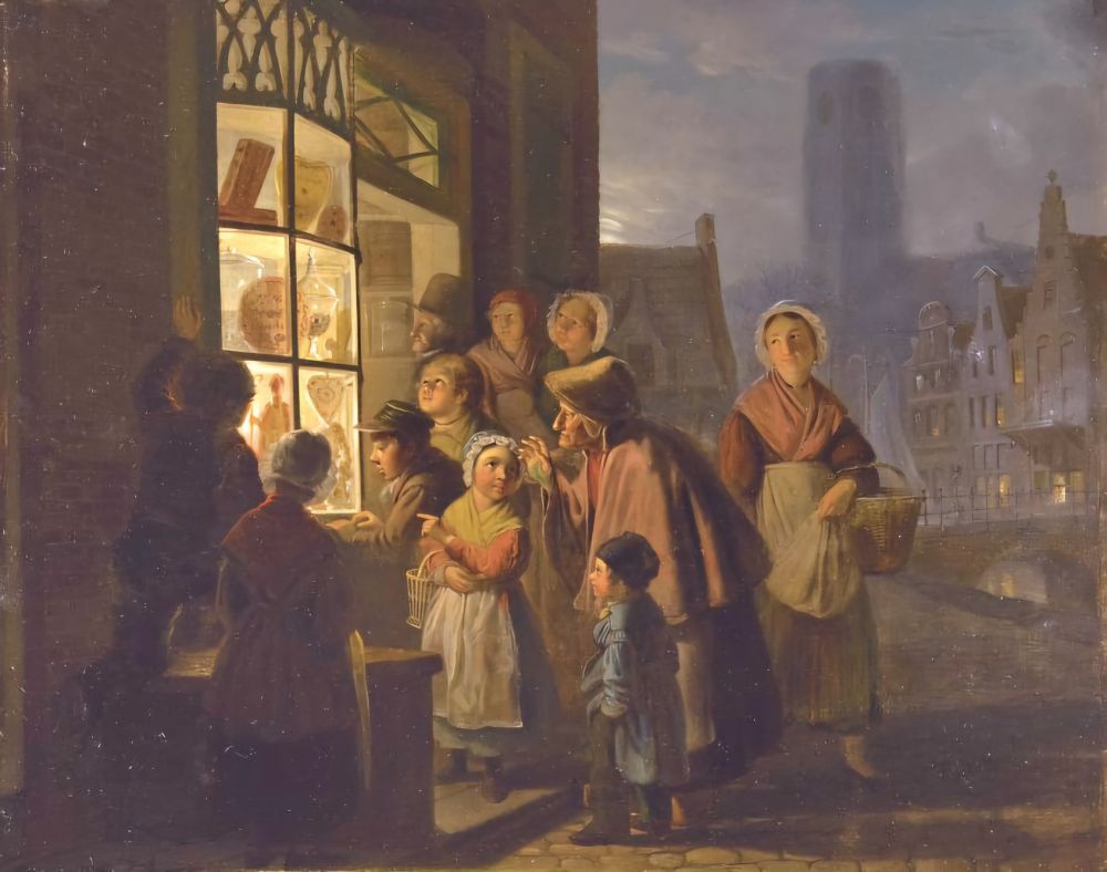 Jan Hendrik van Grootvelt
Varik 1808-1855 Den Bosch
De uitstalling van suikerwerk voor het Sint Nicolaasfeest
olieverf op paneel 40,1 x 48,0 cm, gesigneerd middenonder en gedateerd 1841