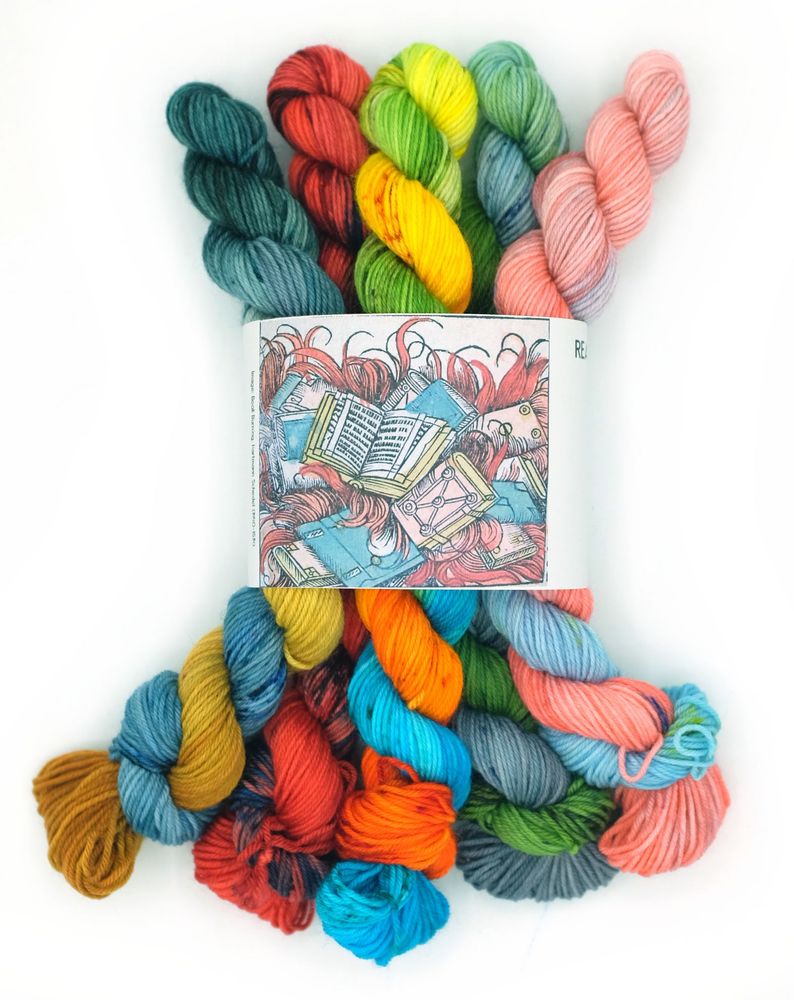 A rainbow of mini skeins inspired by the covers of five contemporary banned books
