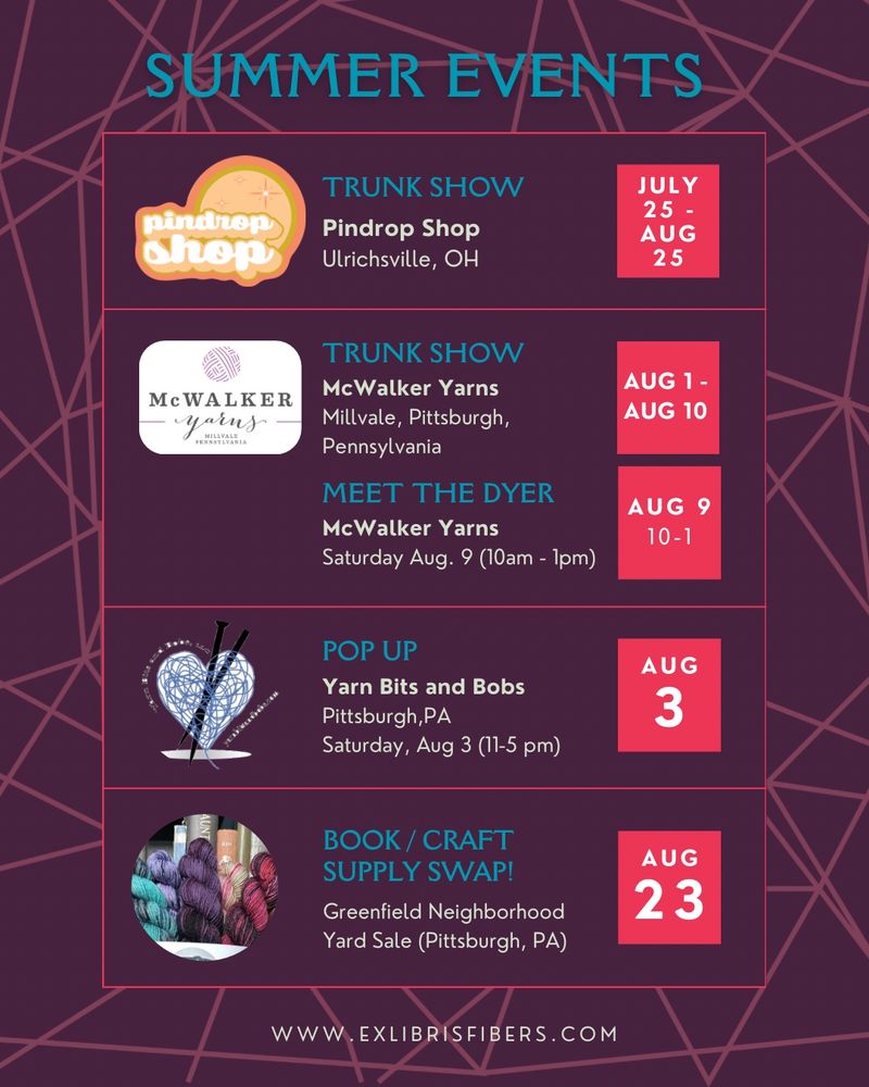Ex Libris Fibers summer events graphic. See full listing at https://exlibrisfibers.com/pages/upcoming-events