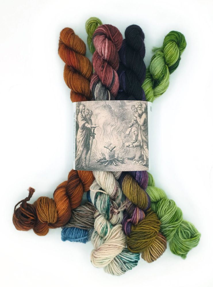 Moody mini skeins inspired by the covers of 5 classic banned books