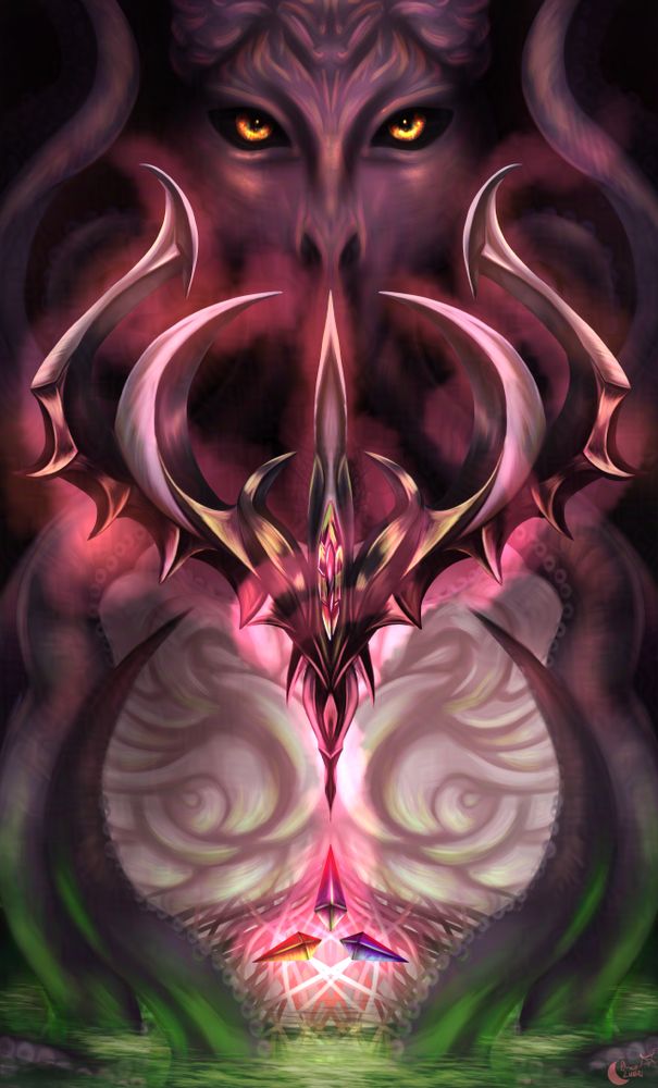 The World Card for the Baldur's Gate 3 Tarot Project, a charity project meant to benefit Doctors Without Borders. The card depicts The Absolute, the "divine" consciousness projected onto True Souls via the mindflayer tadpoles in their brains. Below the Absolute is the Netherbrain, its true self, emerging from a brinepool. Superimposed over both is the Crown of Karsus with the netherstones that controlled said Crown, the tool that allowed for salvation or destruction in the game's final major choice.

#art #BG3 #BG3Art #BaldursGate3 #BaldursGate #mindflayer #dnd #dndart #forgottenrealms #fantasy #ttrpg #tarot #tarotart