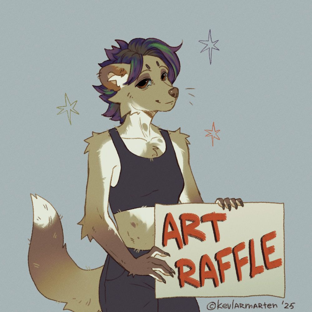 digital drawing of an anthropomorphic female marten holding a sign that says "art raffle"