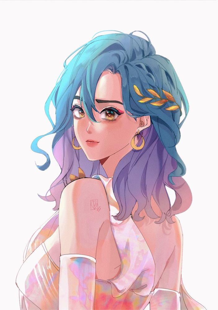 Illustration of a person with shoulder-length hair transitioning from blue to purple, adorned with a gold hair accessory. The person is shown from the back, wearing a white top with pastel watercolor patterns. The face is blurred.”
 The image conveys serenity and introspection. The soft pastel colors and hair transition create a calming effect, while the gold accessory adds elegance. The blurred face suggests mystery, inviting viewers to imagine the person’s thoughts. Overall, it feels peaceful and reflective.
