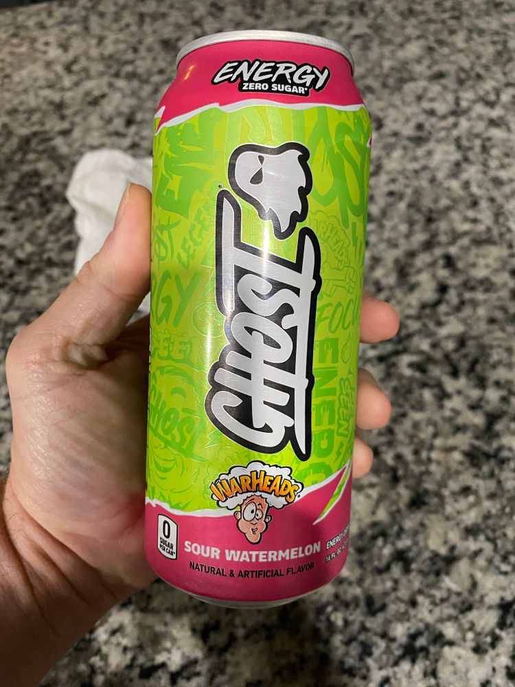 A can of Ghost Warheads Sour Watermelon flavor is in my hand.