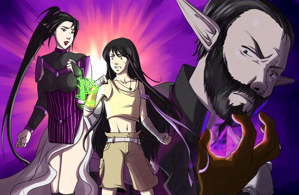 A digital illustration. Two young women have their forearms bound together by a glowing green chain. The villain looms in the background, summoning a dark power. 