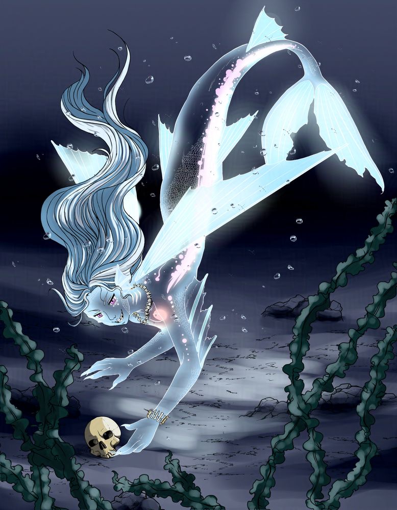 A digital illustration. A bioluminescent mermaid with wings, who has discovered the skull of a sailor on the ocean floor and is collecting it. 