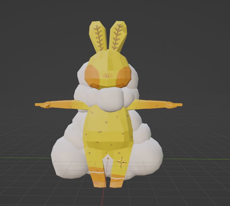 The new model of Mothbot. He is yellow with orange ears and socks and big clouds of fluff around him. Compared to the other model he is neater and more accurate 