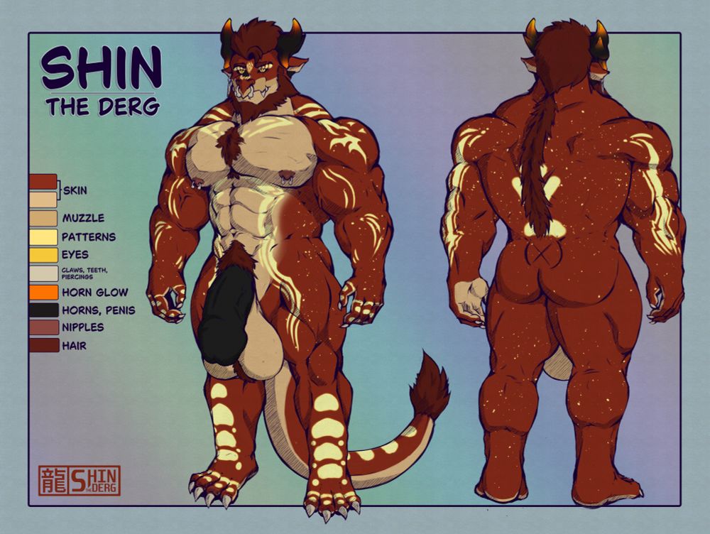 Reference sheet of Shin, a red dragon with glowing yellow markings, beefy body, and a dick that hangs down to his knees.