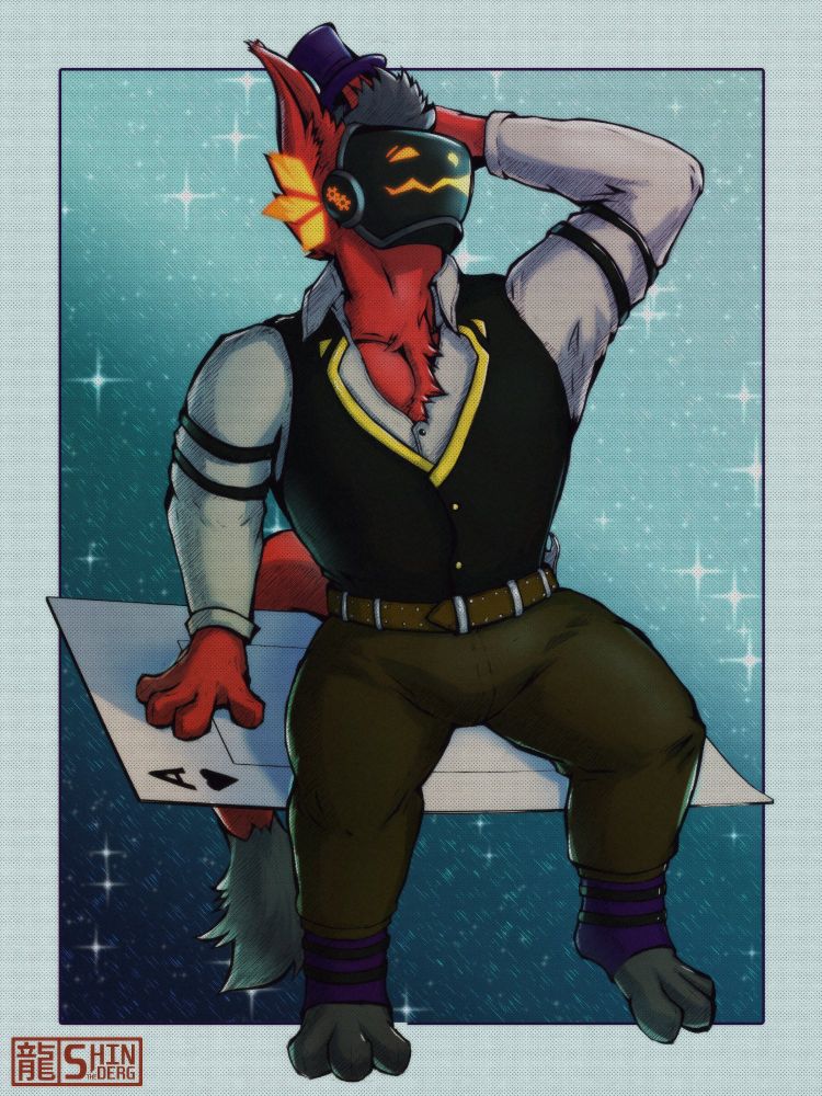 Subie, a red protogen, dressed in a grey shirt with a black vest (gold trimmed), and brown pants. He's sitting on a flying playing card with one hand on the card and the other behind his head, looking up at the sky.