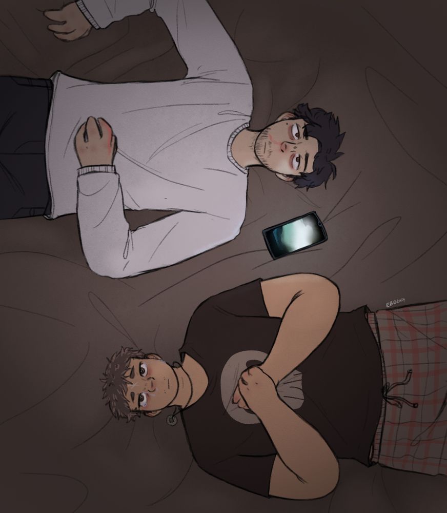 Thoryn and Victor Emile are laying on a bed in the dark. Their only source of light is a phone between them, playing No Surprises by Radiohead. Victor has a little bit of blood smeared on his hand from a nosebleed, and Thoryn's face is stained with tears. Victor's hair is freshly cut and choppy as shit.